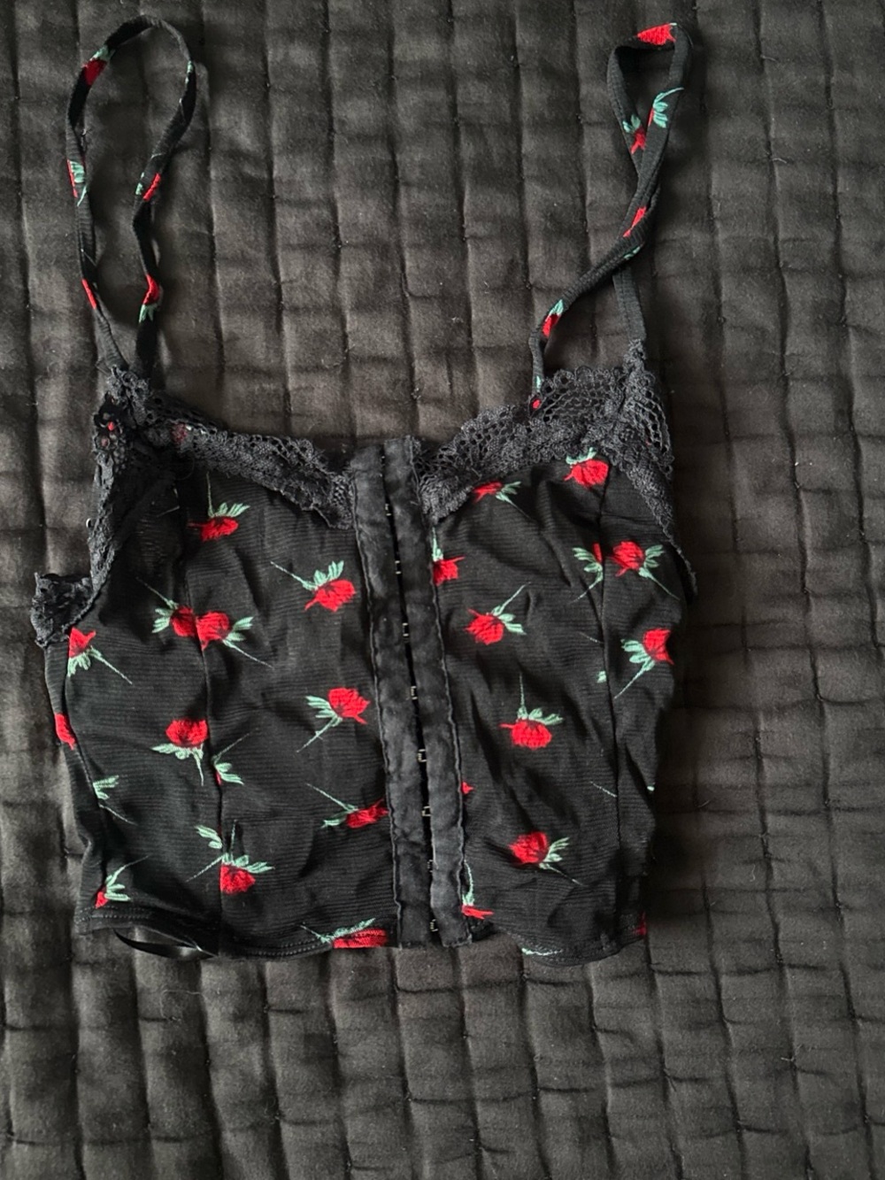 Princess Polly Black Cropped Tank with Red Rose Print and Lace Trim